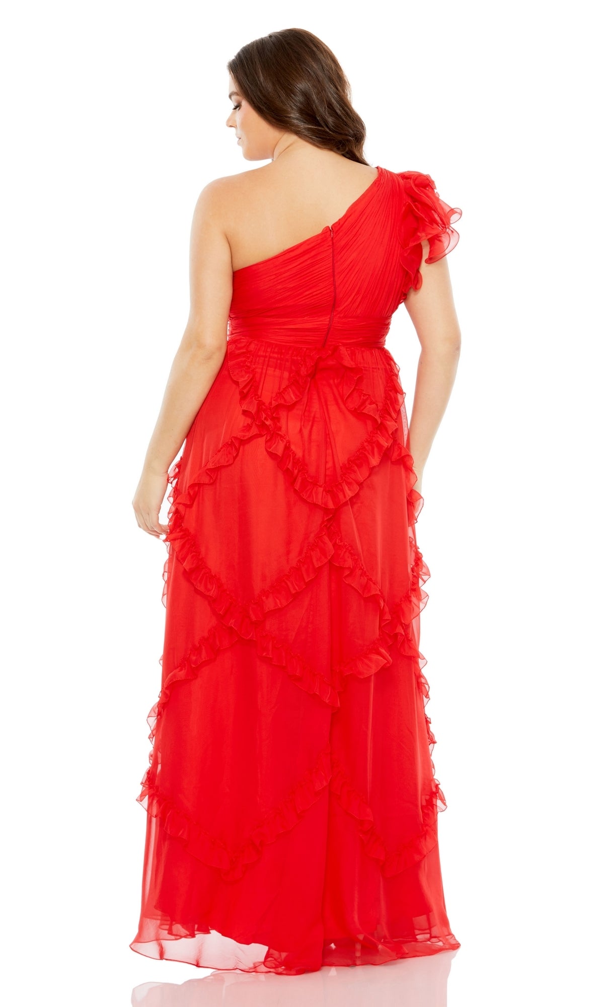 A woman shown from the back wearing the Long Plus-Size Formal Dress 68540 by Mac Duggal—a bright red, one-shoulder A-line gown with layered ruffles.